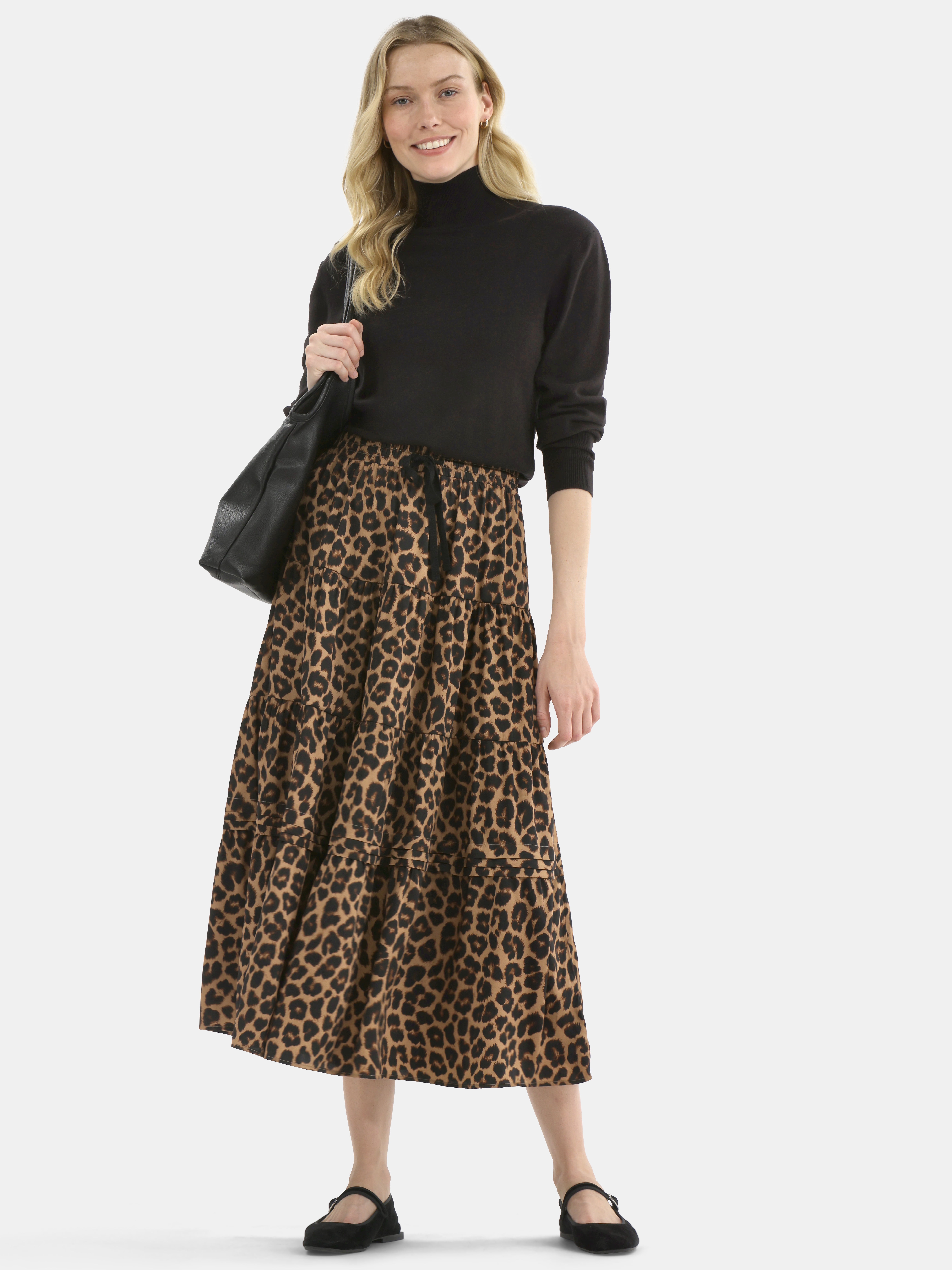 Time and Tru Women's Print Tiered Pull On Midi Skirt, Sizes XS-XXXL