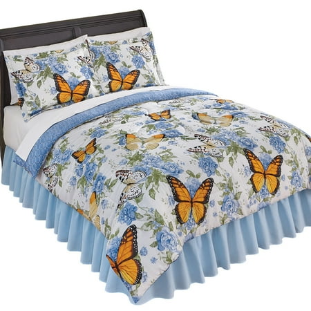 Nadine Reversible Blue Rose Floral Butterfly Comforter Set