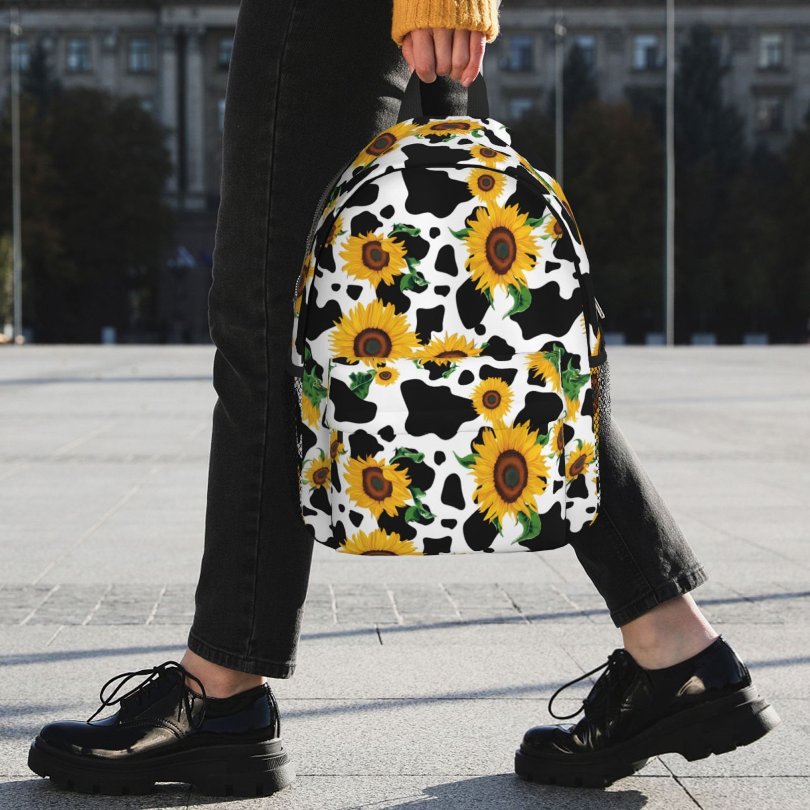 Rateoe Cute Cow Print Sunflower D Pattern Student Backpack Water-resistant Backpack 15-inch Laptop Backpack Lightweight Adjustable School Backpack