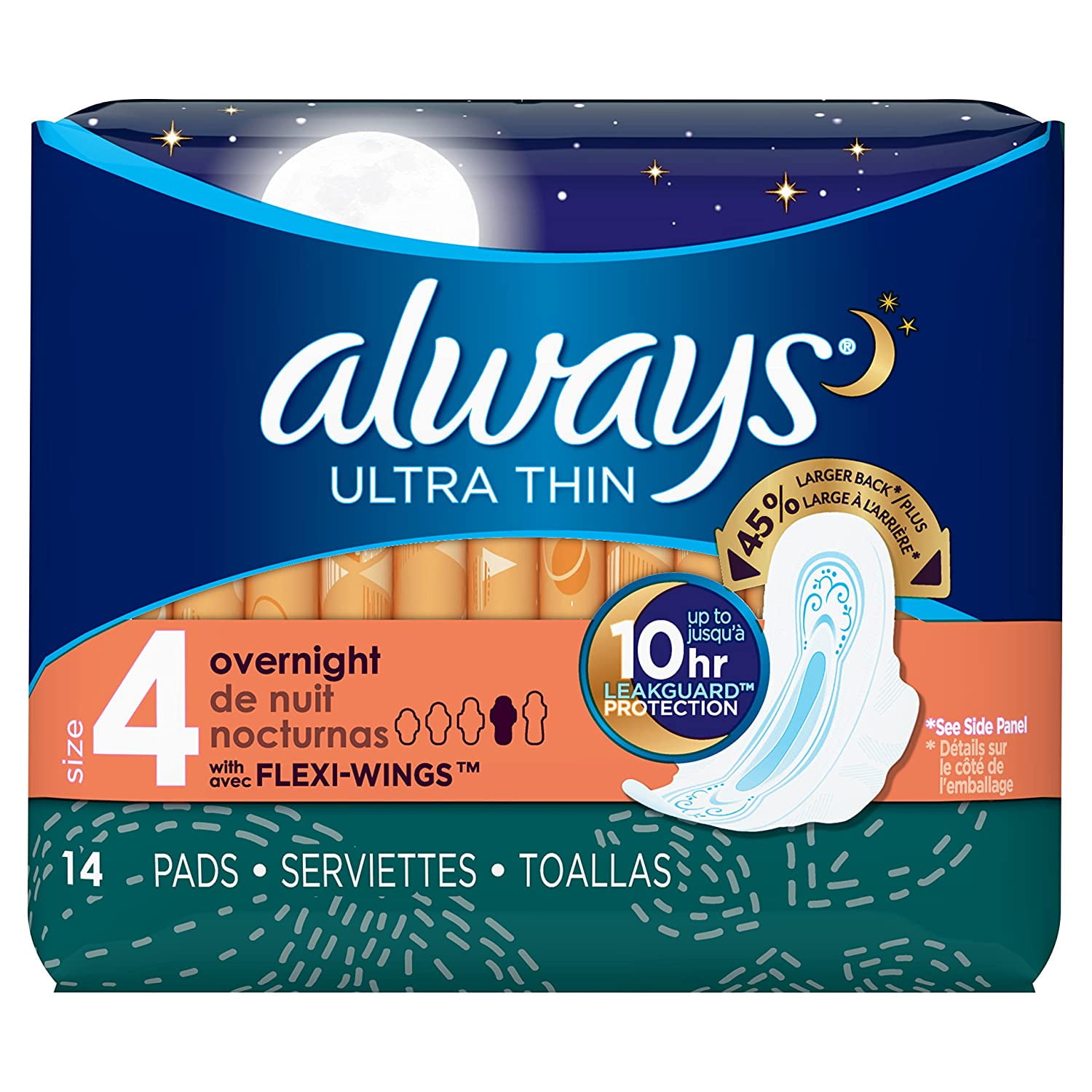 Always Ultra Thin Size 4 Overnight Pads with Flexi Wings, Unscented, 14 Count