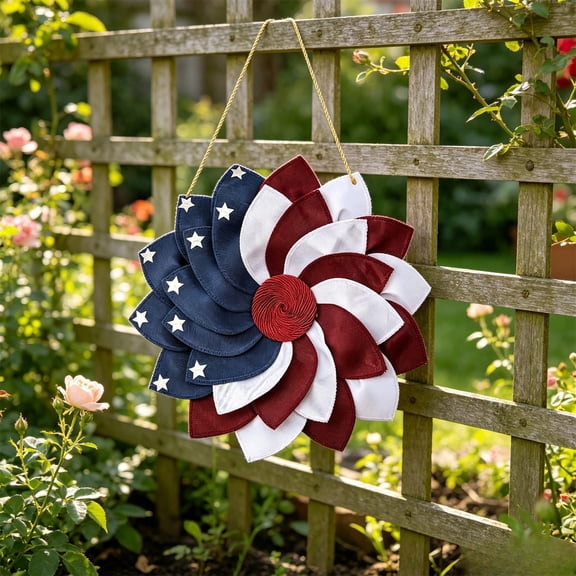 Patriotic Fabric Flower Wreath,4th of July Red White Blue Sunflower Wreath,Perfect for Front Door,Wall,Window,Porch,Fireplace,Independence Day and Memorial Day Decor