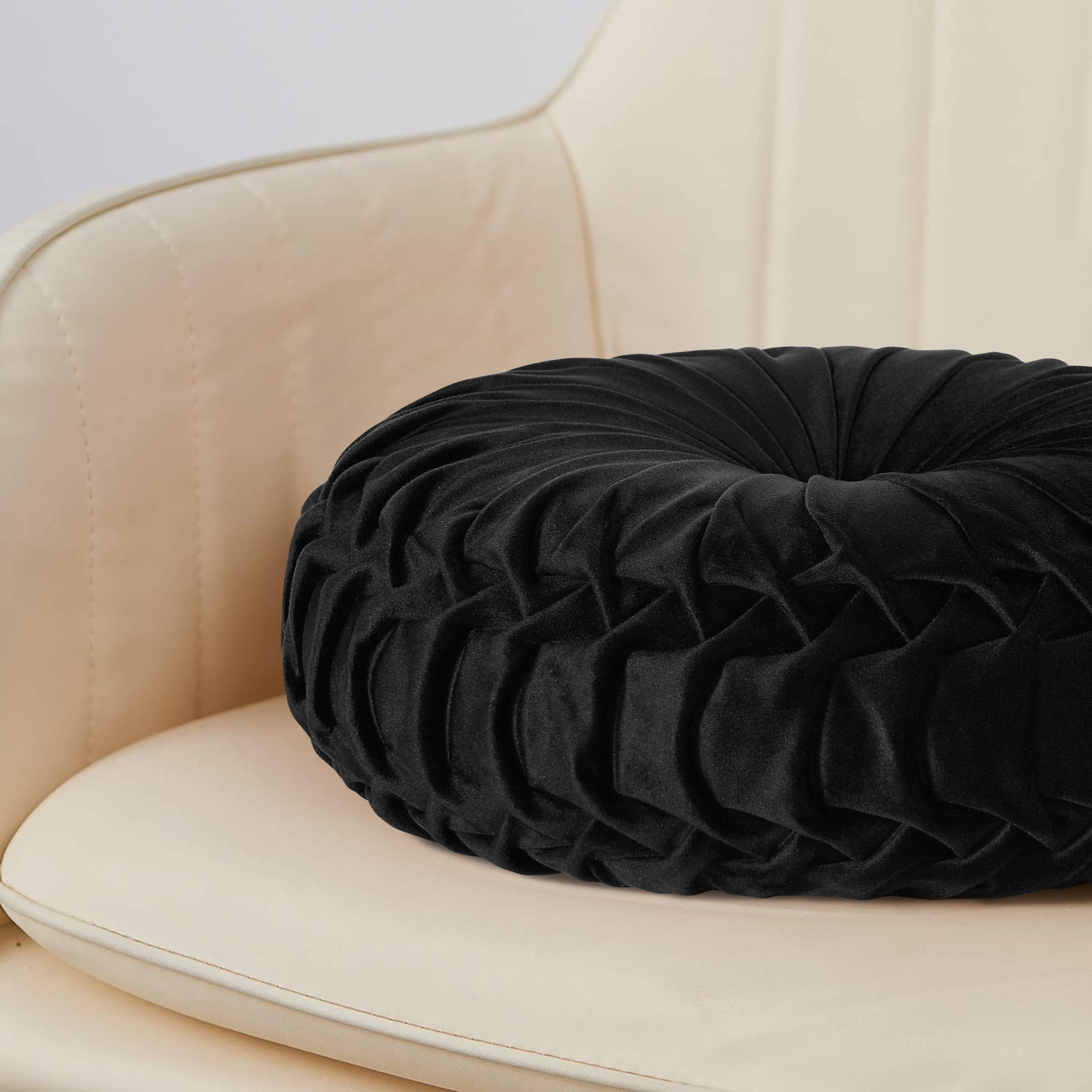 HIG Set of 2 Pumpkin Pleated Round Throw Pillows, Soft Velvet, Black, 14.5" Diameter