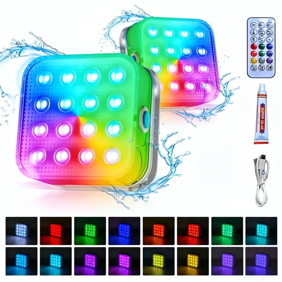 Submersible Pool Lights with Remote, 16 Color Changing Rechargeable LED Lights, IP68 Waterproof Underwater Lighting with Timer for Inground Pool, Hot Tub, Bathtub, Party Decorations, 2 Pack