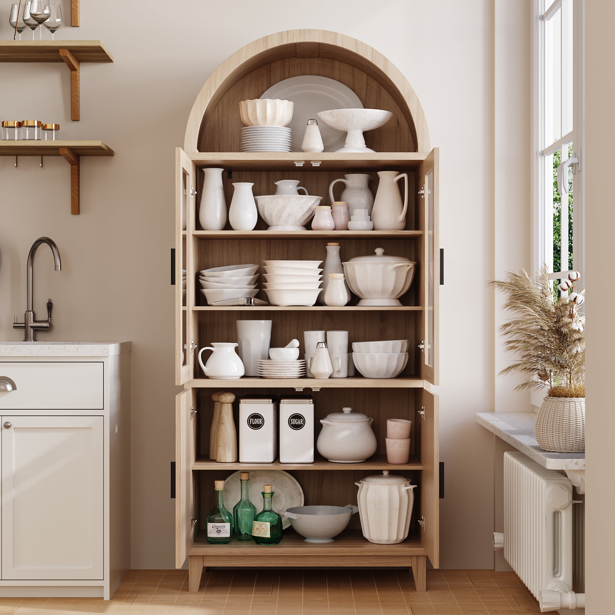 VEANERWOOD 71" Tall Arch Cabinet, Wood Fluted Kitchen Kitchen Storage Cabinet with 4 Doors and 6 Shelves for Dining Room Living Room