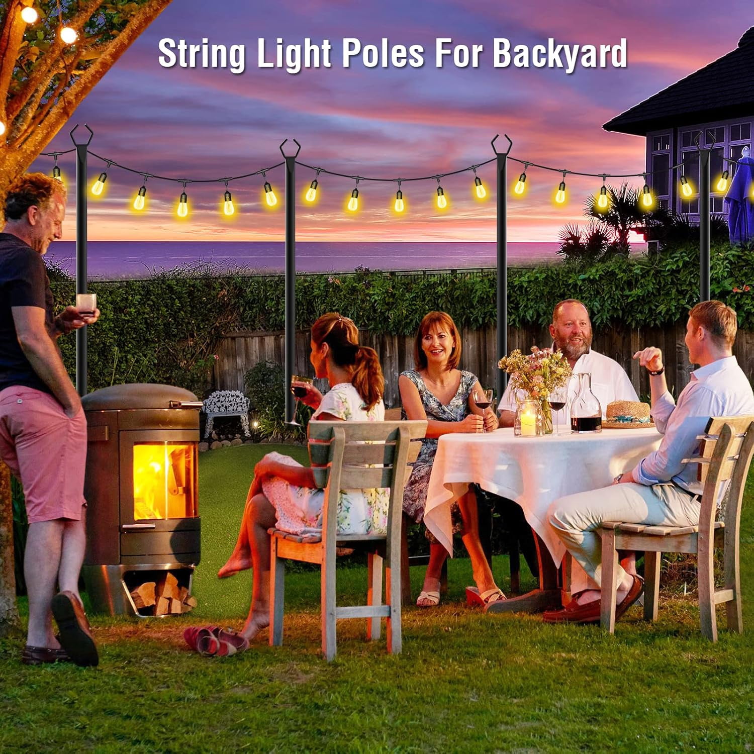2 Pack 10Ft String Light Poles for Patio, Deck, Backyard and Outdoor, Heavy-Duty Metal Poles with Fork Brackets, Weather-Resistant & Adjustable Height, Easy Installation, Black