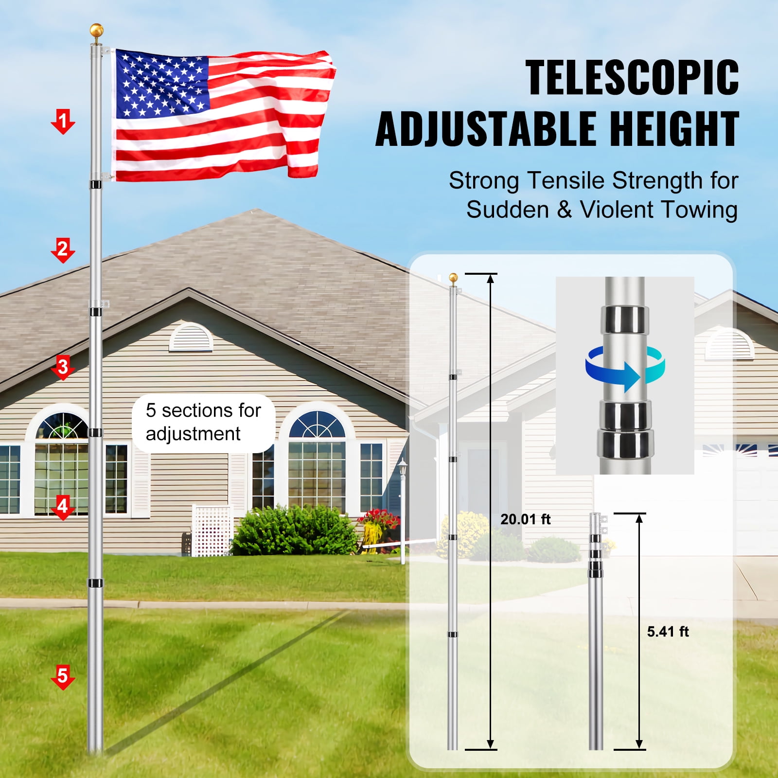 KFFKFF 20FT Extendable Flagpole Set, Sturdy Aluminum Alloy Outdoor Flag Poles, 3 Presentation Styles Flagpole with 3x5 American Flag, Expert Gear, Silver
