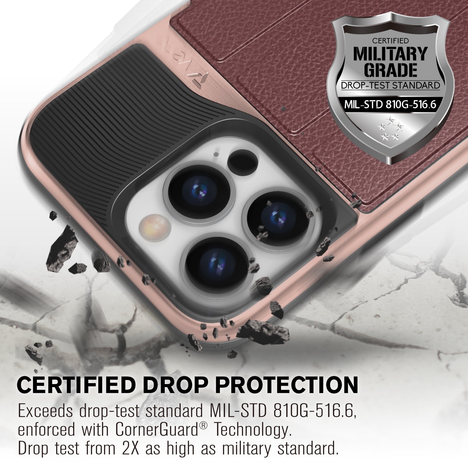 VENA vCommute Wallet Case Compatible with Apple iPhone 15 Pro (6.1"), (Military Grade Drop Protection) Flip Leather Cover Card Slot Holder with Kickstand - Rose Gold / Red / Black