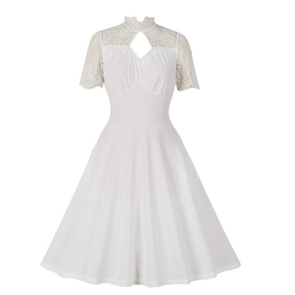 QUYUON Women White Graduation Dress Elegant Formal Crew Neck Floral Lace Short Sleeve Cocktail Dress Front Hollow Out Evening Party Wedding Guest A-Line Swing Dress, White XXL