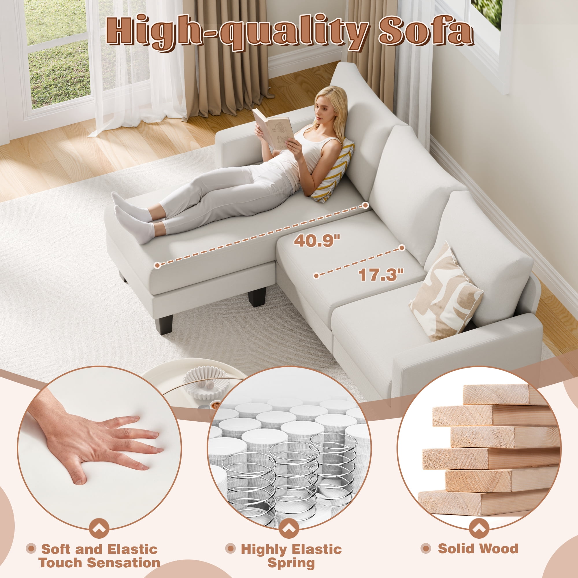 Vineego 72" L-Shaped Sectional Sofa with Ottoman Ergonomic Support Sofa Couch for Small Spaces Living Room, Apartment,White