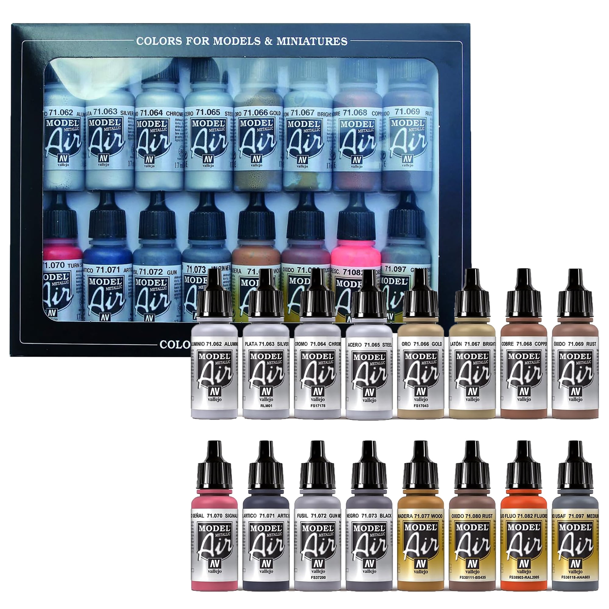 Vallejo Paints: Model Air Color Set - Metallic Effects - 16 Paint Colors - 18ml (.60oz) Bottles, Acrylics For Modeling & Miniatures, Opaque, Hobby