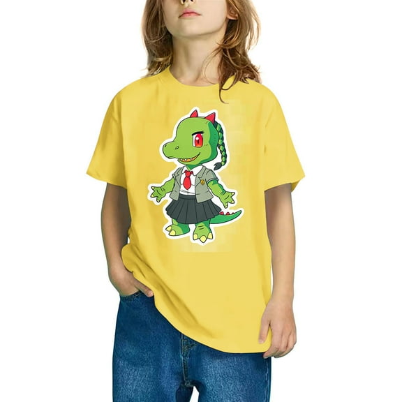 Odeerbi Kids Boys Girls Dinosaur Print T-shirt 3-14 Years Kids Short Sleeve Graphic Shirts Round Neck Crop Tee Top Kids Clothes Yellow