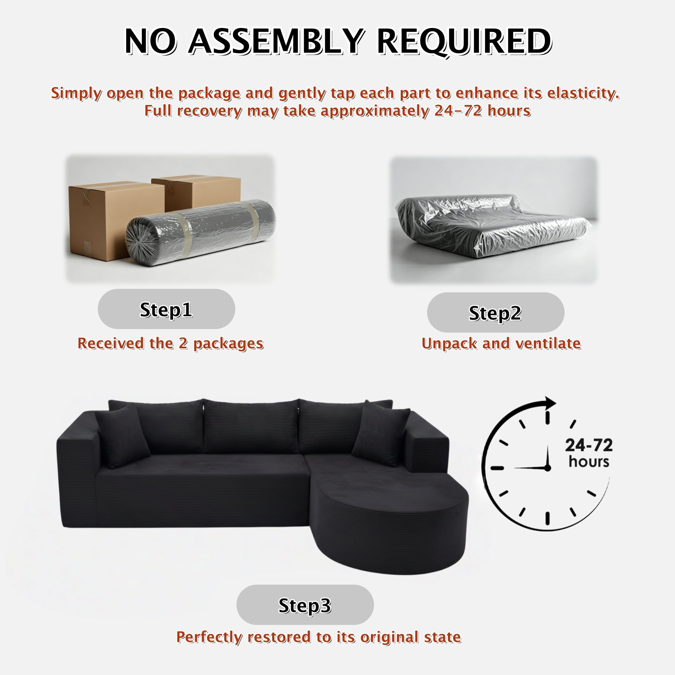 ShiKeyi 105" Modular L-Shaped Cloud Sofa, 3-Seater Corduroy Sectional Couch with Deep Seats Chaise, Soft Boneless Design for Living Room, Black (Left)