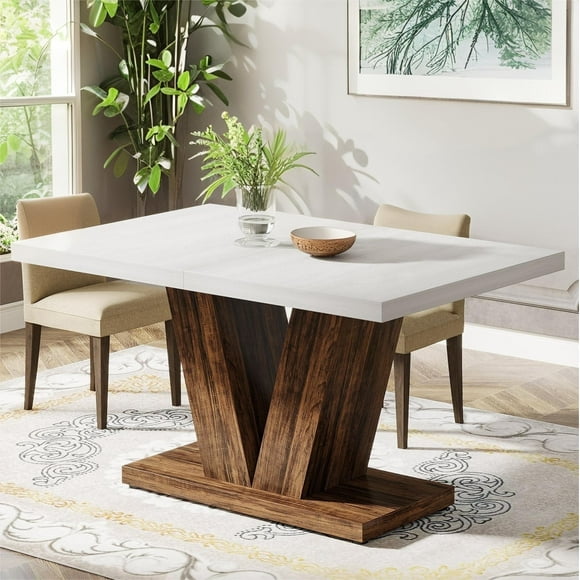 Fnova 47.24" Rectangular Farmhouse Dining Table, Wood Coffee Table for 4 People, Modern Kitchen Table for Dining Room, White Brown (Chairs Not Included)