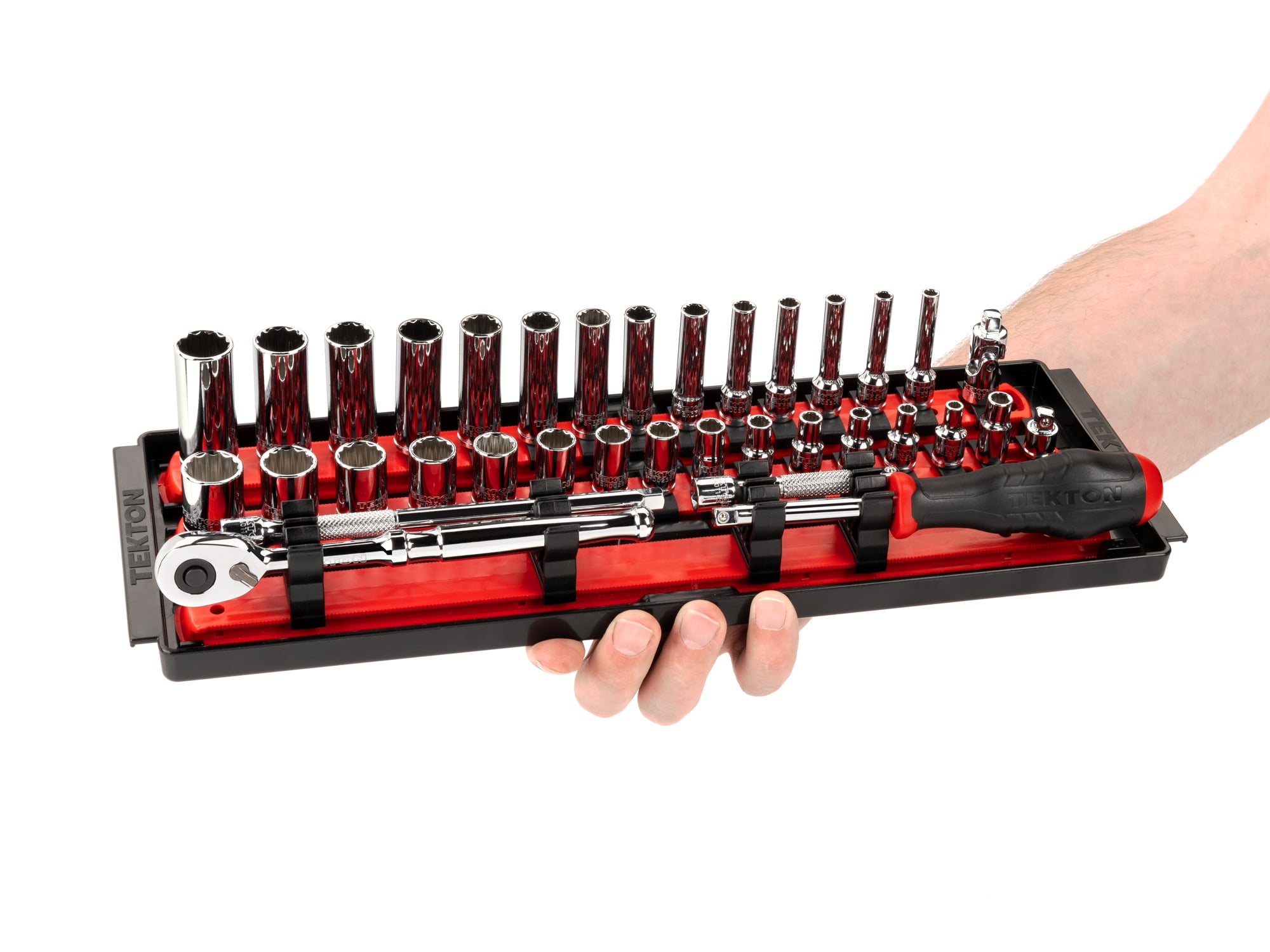 TEKTON 1/4 Inch Drive Shallow and Deep 12-Point Socket and Ratchet Set with Rails and Tray, 35-Piece (4 - 15 mm) | SKT03202