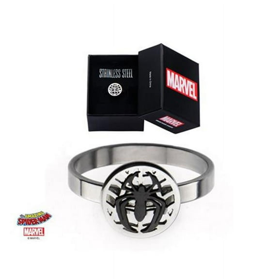 Silver Plated Brass Spider-Man Ring with Black IP Spider - Womens Ring, Size - 9