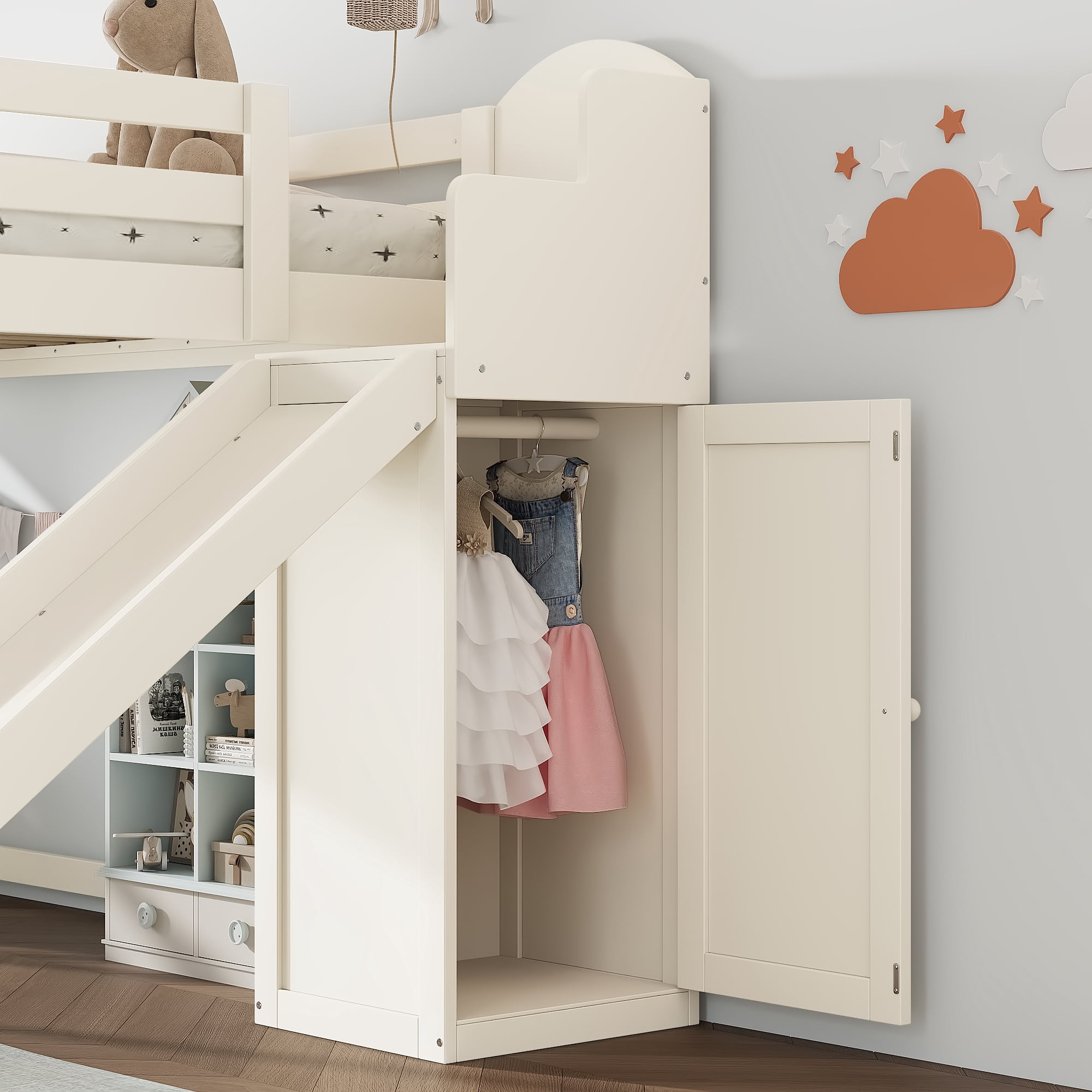 Leumius Full Loft Bed with Storage Stairs, Slide & Built-in Wardrobe, Stylish High Guardrail, Wood Loft Bed Frame for Bedroom,Dorms,Guests Beige