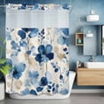 thumbnail image 6 of Blue Flower No Hooks Shower Curtain with Snap-in Liner Pastoral Plant Watercolor Leaves Farmhouse Shower Curtains for Bathroom, Waterproof, Easy Install, Washable 60"x72", 6 of 9