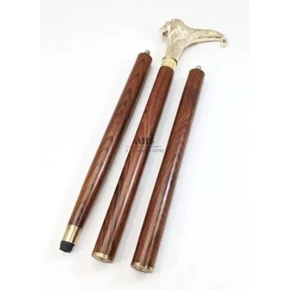 Brass Lion Head Handle Walking Stick – Brown Wooden Cane for Men, Nautical Style Easter Gift