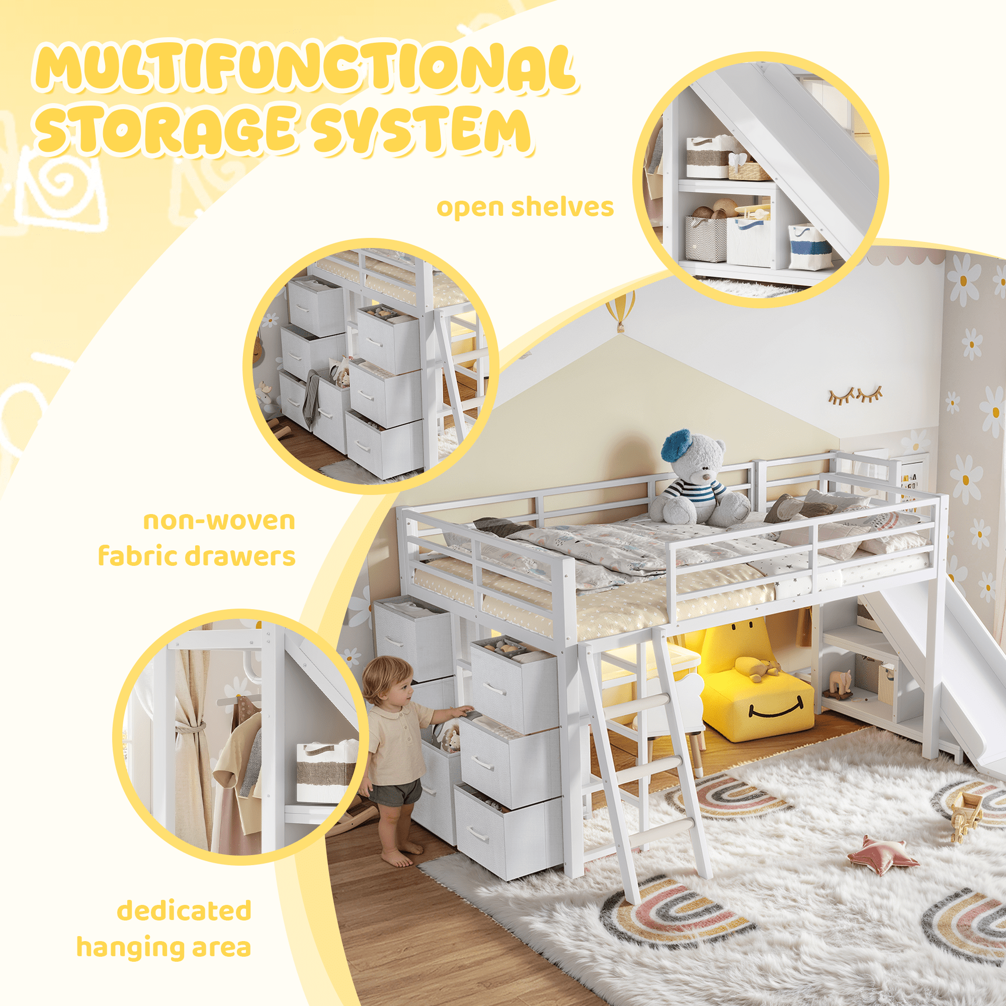 Loft Bed with Slide and Ladder, Twin Metal Bed Frame with Storage Drawers and Hanging Area for Bedroom, White