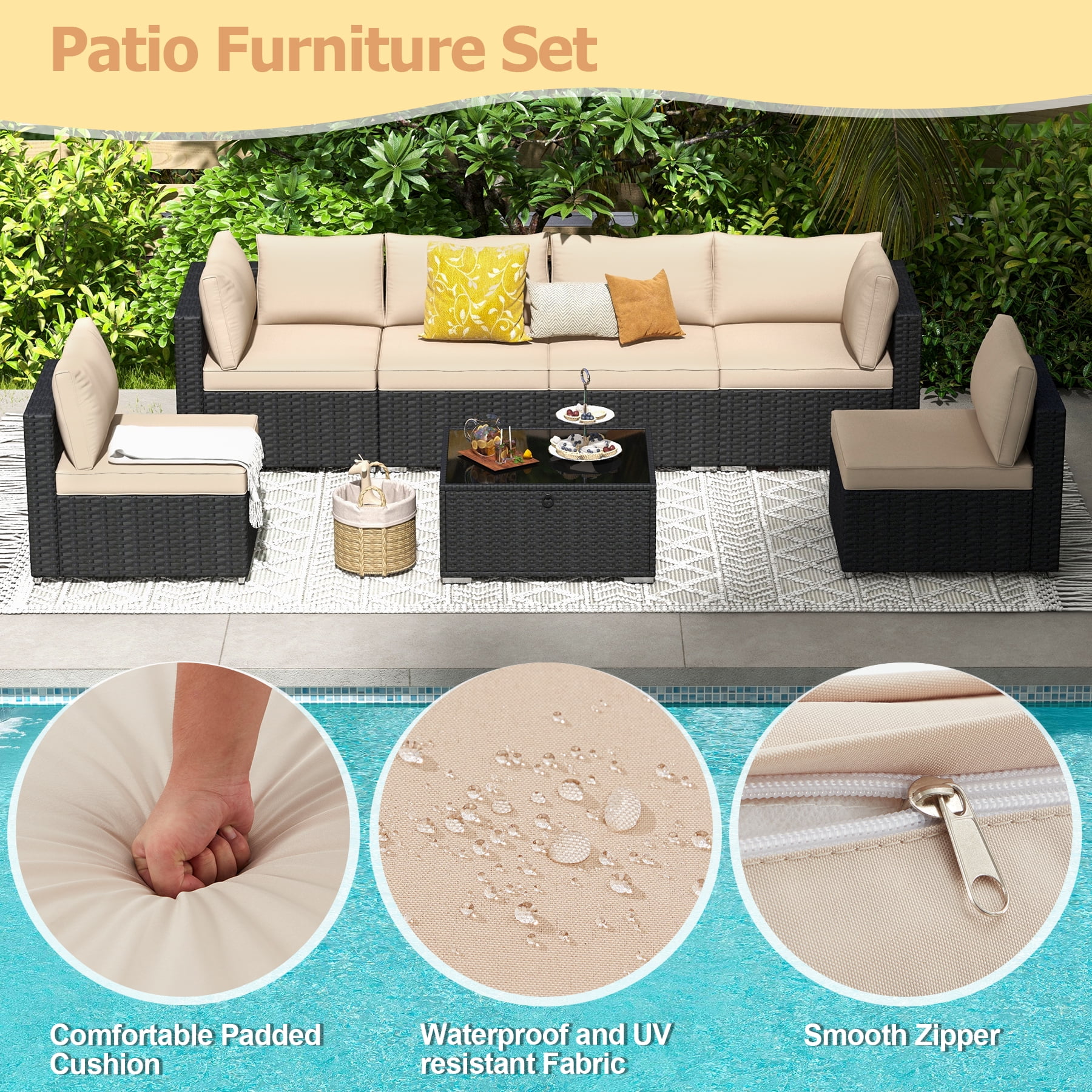 GYUTEI 7 Piece Patio Furniture Set with Adjustable Bracket All-Weather Wicker Conversation Set with Coffee Table for Porch Garden Backyard (Khaki)