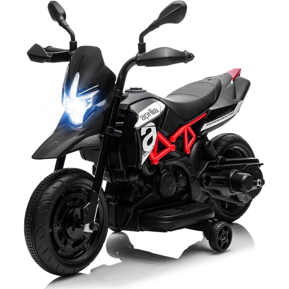 6V Electric Motorcycle, Dirt Bike Style with Training Wheels, Spring Suspension, Working Headlight, Music & USB Port, Battery Powered Outdoor Toy 3-5 Years, Black