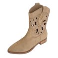 thumbnail image 4 of Cowboy Boots for Women Suede Hollow out Embroidery Chunky Heel Pointed Toe Pull on Ankle Booties, 4 of 4