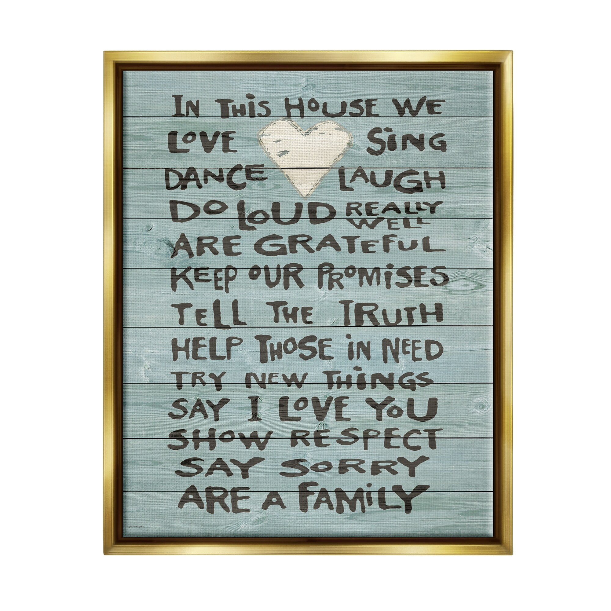 Stupell Industries In This House We Love Family Heart Rustic Wood Look Metallic Gold Framed Floating Canvas Wall Art, 24x30, by Jo Moulton