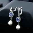 thumbnail image 2 of Gem Stone King 925 Sterling Silver Persian Blue Moissanite and 11X8MM Cultured Freshwater Pearl Earrings for Women (4.59 Cttw, Gemstone Birthstone, Round 8MM), 2 of 3