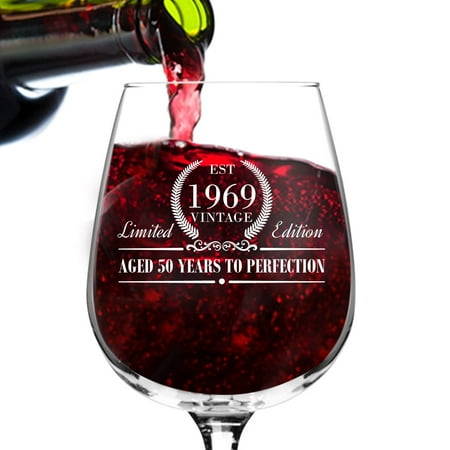 Hand Painted Wine Glasses Birthday Girl 1969 Vintage Edition Birthday Wine Glass for Men and Women (50th Anniversary) 12 oz, Elegant Happy Birthday Wine Glasses for Red or White Wine | Classic Birthday Gift, Reunion Gift for Him or Her ()