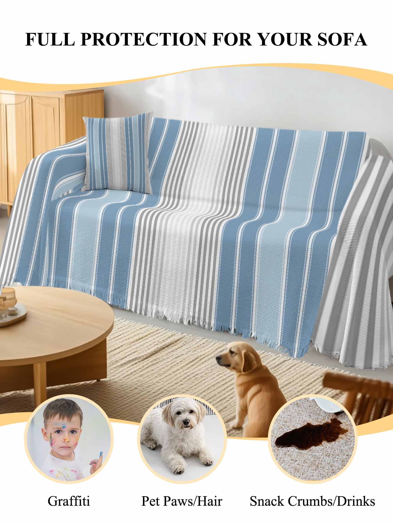 Blue Gray Stripes Couch Cover, Contemporary Minimalist Abstract Lines Sofa Cover Blanket for 2 Seat Cushion,Sectional Sofa Slipcover Furniture Protector for Living Room Bedroom 71''x102''