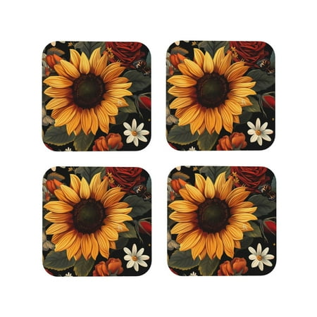 

KLL Drink Coasters Set Square of 4 PU Leather Absorbent Coasters Set Decorative Coffee Cup Coasters Housewarming Gift for Home Decor-Sunflower Floral Butterfly