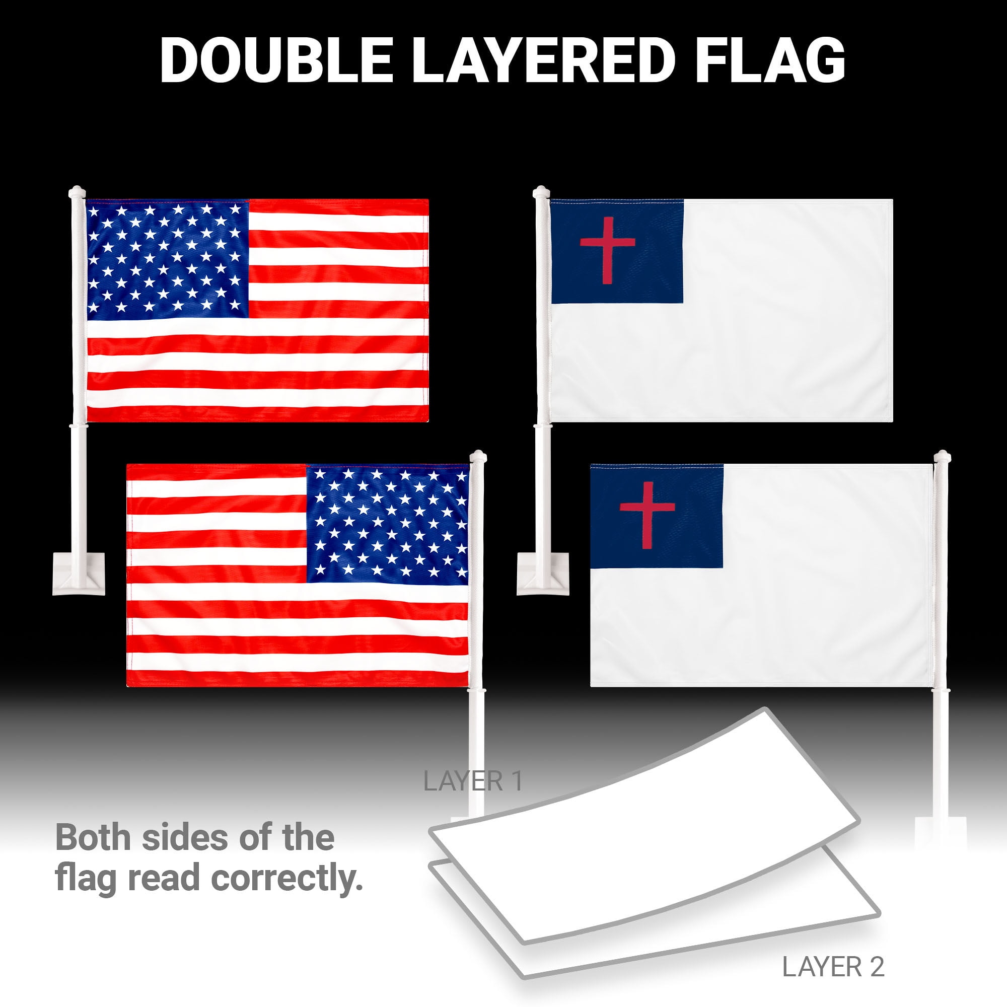 G128 Combo Pack: American USA Car Flag & Christian Religious Car Flag 11x17 In | Both Double Sided Printed 150D Polyester | Flagpole Included | Perfect for Festival Celebrations, Parades