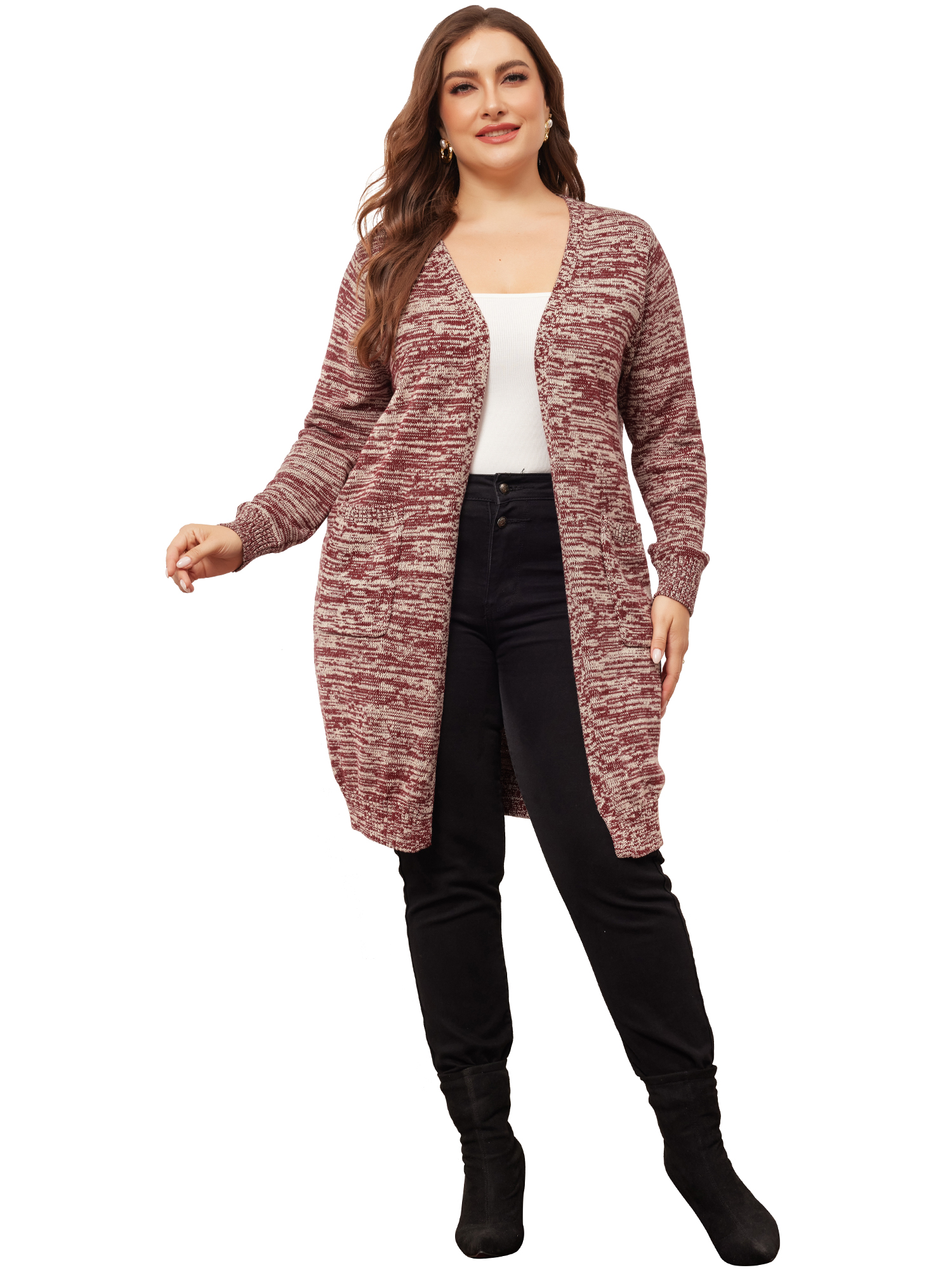 DARING DIVA Plus Size Contrast Color Open Front Long Sleeve Cardigan 1X Burgundy