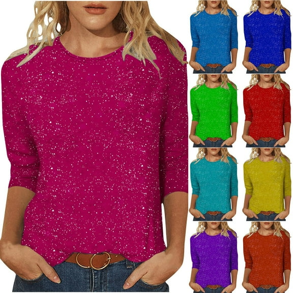 ZZwxWA Womens Tops 2025 Casual Sparkle Sequin Dressy Flowy Shirts Comfy Crewneck 3/4 Sleeve Loose Blouse Trendy Fall Clothes