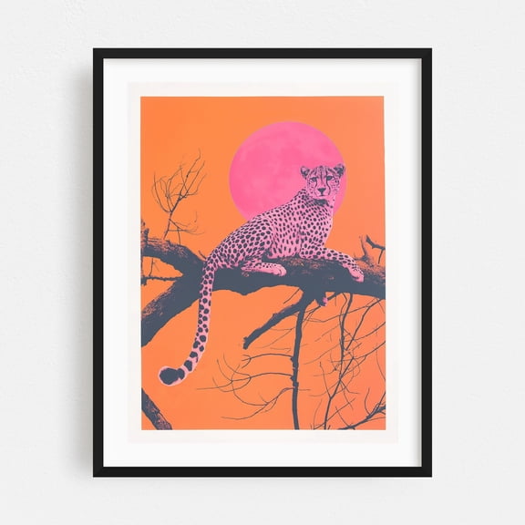 Pink Cheetah and Sunset Vibes - Illustration Wildlife Surrealism Pop Art Modern Art Animal Psychedelic Nature Black Framed Wall Art Print 11 x 14 inches