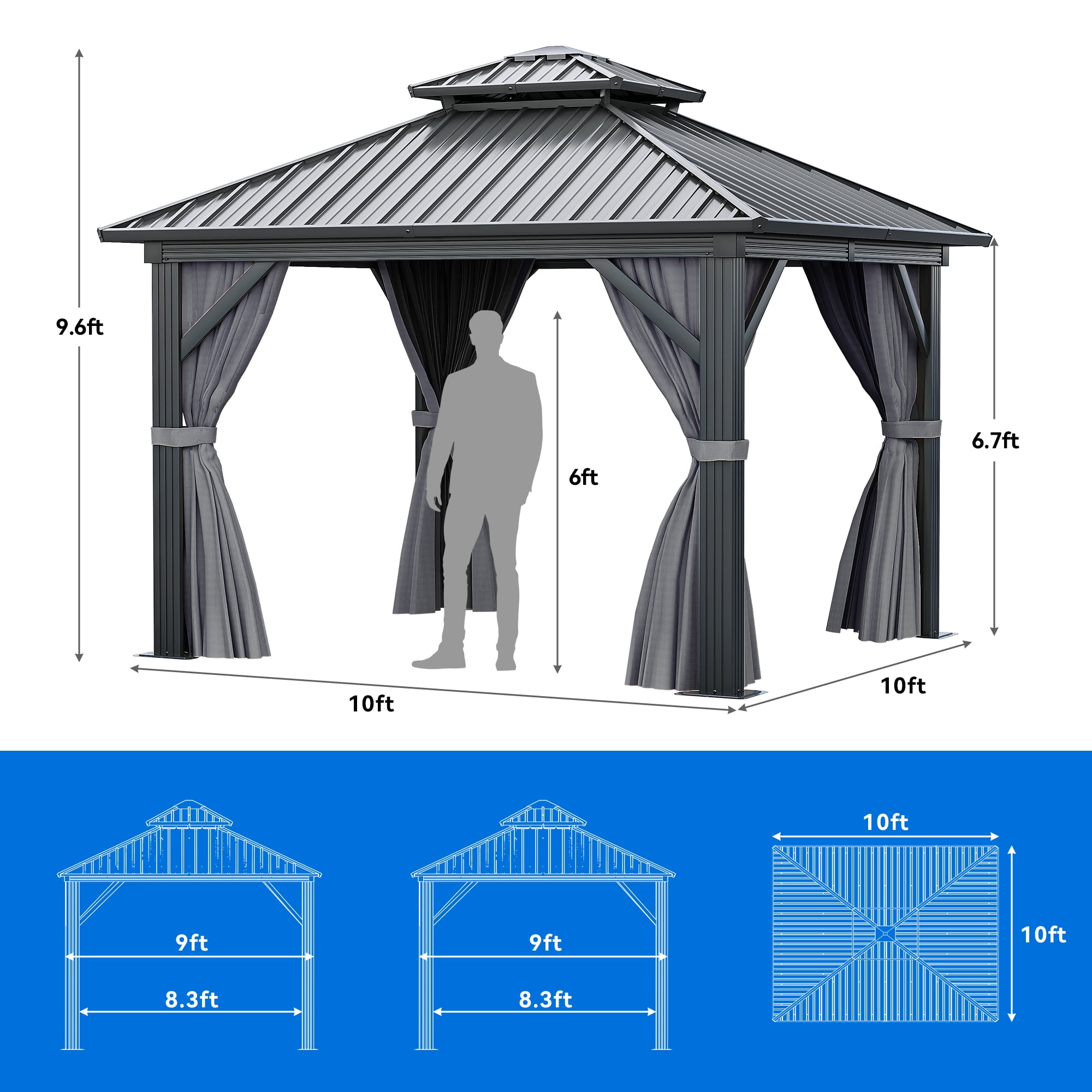 Dextrus 10x10ft Double Roofed Hardtop Gazebo, Outdoor Heavy Duty Galvanized Steel with Nettings and Curtains, Ideal for Patio, Backyard, Deck, Lawns - Gray