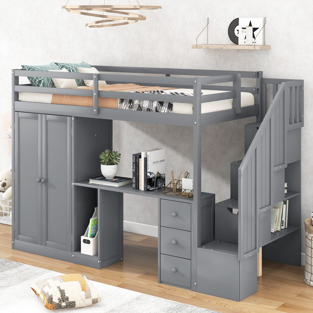 Tcbosik Loft Bed, Wood Twin Size Loft Bed with Desk, 3 Drawers, Storage