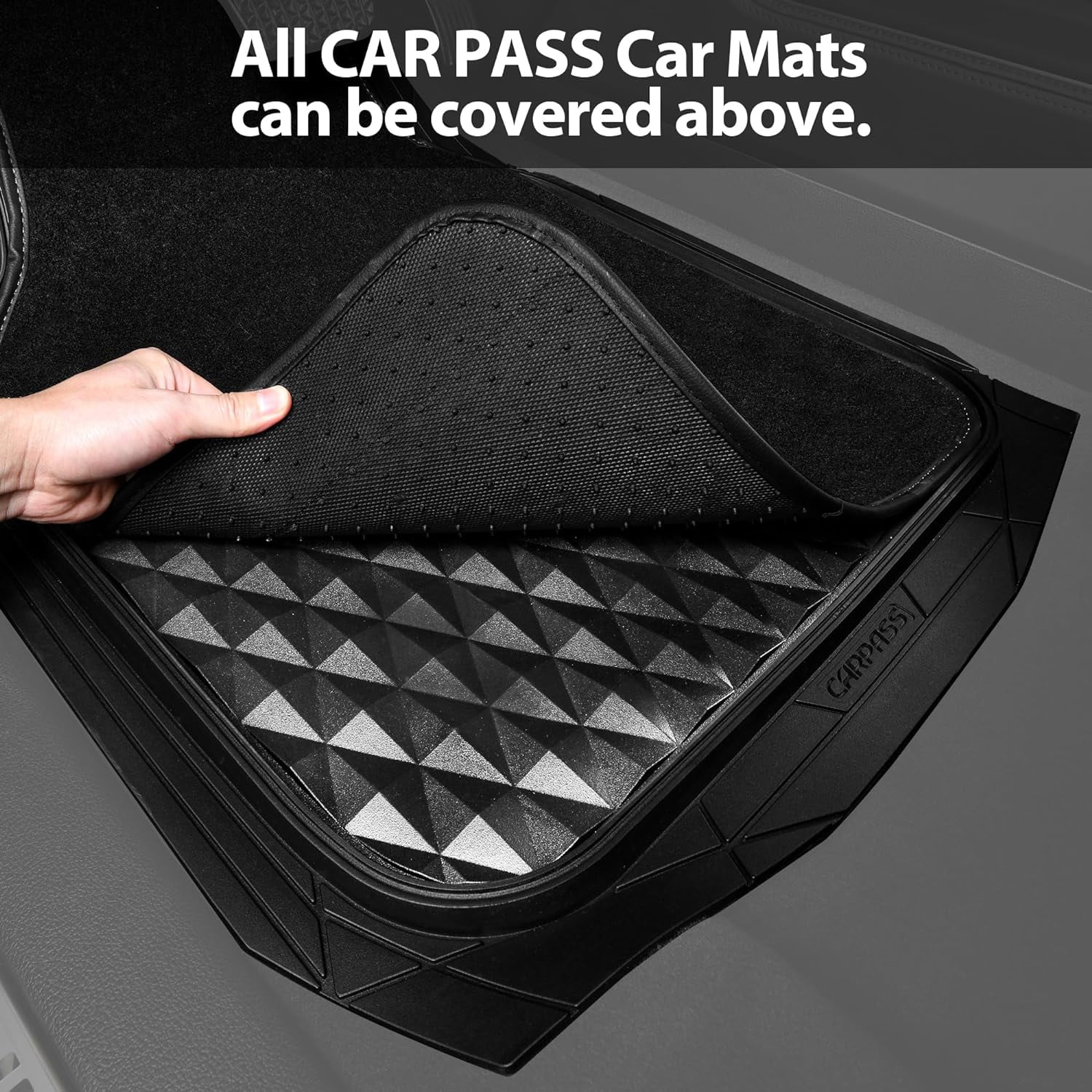 CAR GRAND Heavy Duty Rubber Car Mats, Deep Dish All-Weather Floor Mat for Car Full Set Durable Anti-Slip 3D Rhombus Waterproof Trim  Liner Universal Fit Automotive,Sedan,SUV,Truck, 3 Piece Black