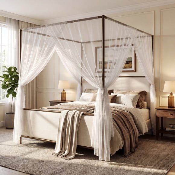 Queen Size (60''×80'') Modern Canopy Bed Frame - Linen Upholstered Headboard, Sturdy Metal Frame with Iron Legs, Four-Poster Platform Bed, (Canopy Netting Not Included), Beige and Bronze