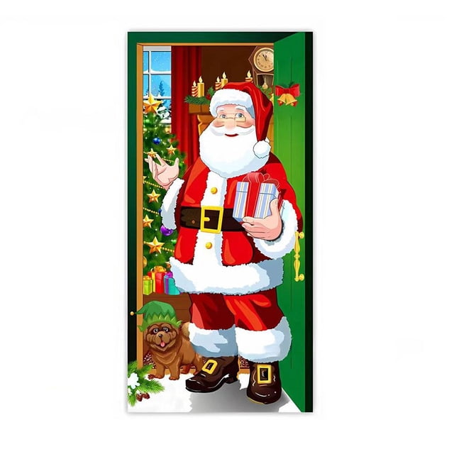Ruifaya Cortina de puerta navideña con bandera de Papá Noel, fondo de tela para colgar