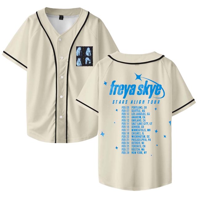 Freya Skye Stars Align Tour 2026 Jersey de béisbol camisa con cuello en V mujeres hombres ropa de calle de manga corta,Beige,2XL