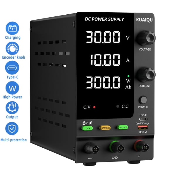 DC Power Adjustable OCP Output Switch 30V 10A with USB Dual Fast Charge Interface Black