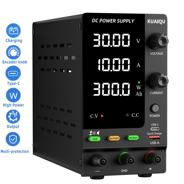 DC Power Adjustable OCP Output Switch 30V 10A with USB Dual Fast Charge Interface Black