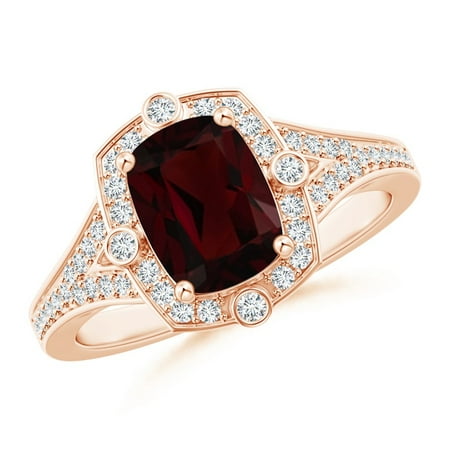 Valentine Jewelry Gift - Art Deco Inspired Cushion Garnet Ring with Diamond Halo in 14K Rose Gold (8x6mm Garnet) - SR1086GD-RG-A-8x6-7