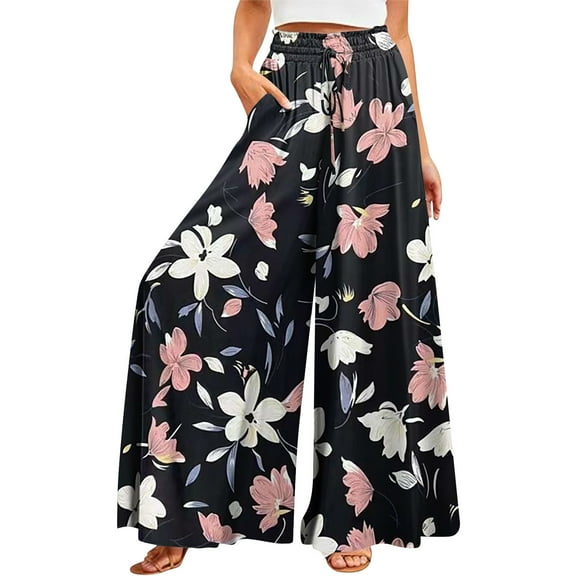 YDKZYMD Women's Lounge Pants Wide Leg Ruffle Elastic Boho Drawstring Pants Palazzo Floral Plus Size with Pocket Petite Loose Trousers Summer Beach Casual Comfy Pants Black 2XL