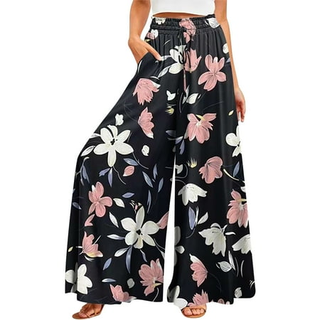 YDKZYMD Jogging Pants for Women Wide Legs Elastic Boho Drawstring Floral Trousers Ruffle Palazzo Comfy Casual with Pocket Summer Pants Beach Loose Petite Plus Size Pants Black XL