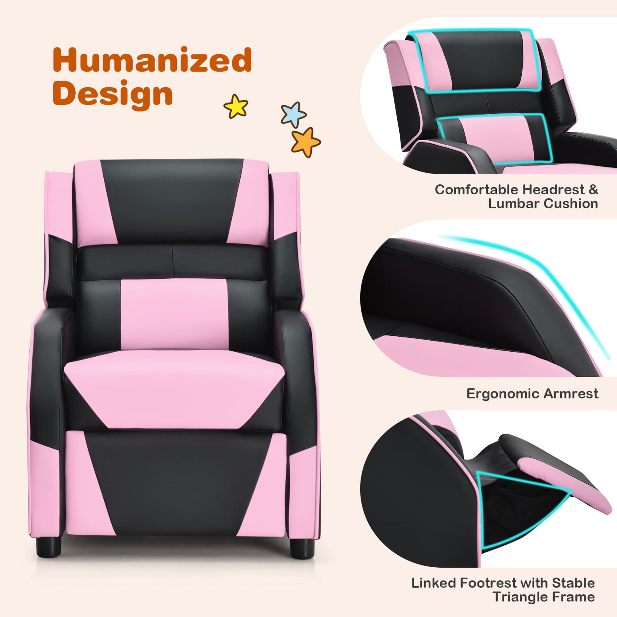 Costway Kids Youth Gaming Sofa Recliner w/ Headrest & Footrest PU Leather Pink