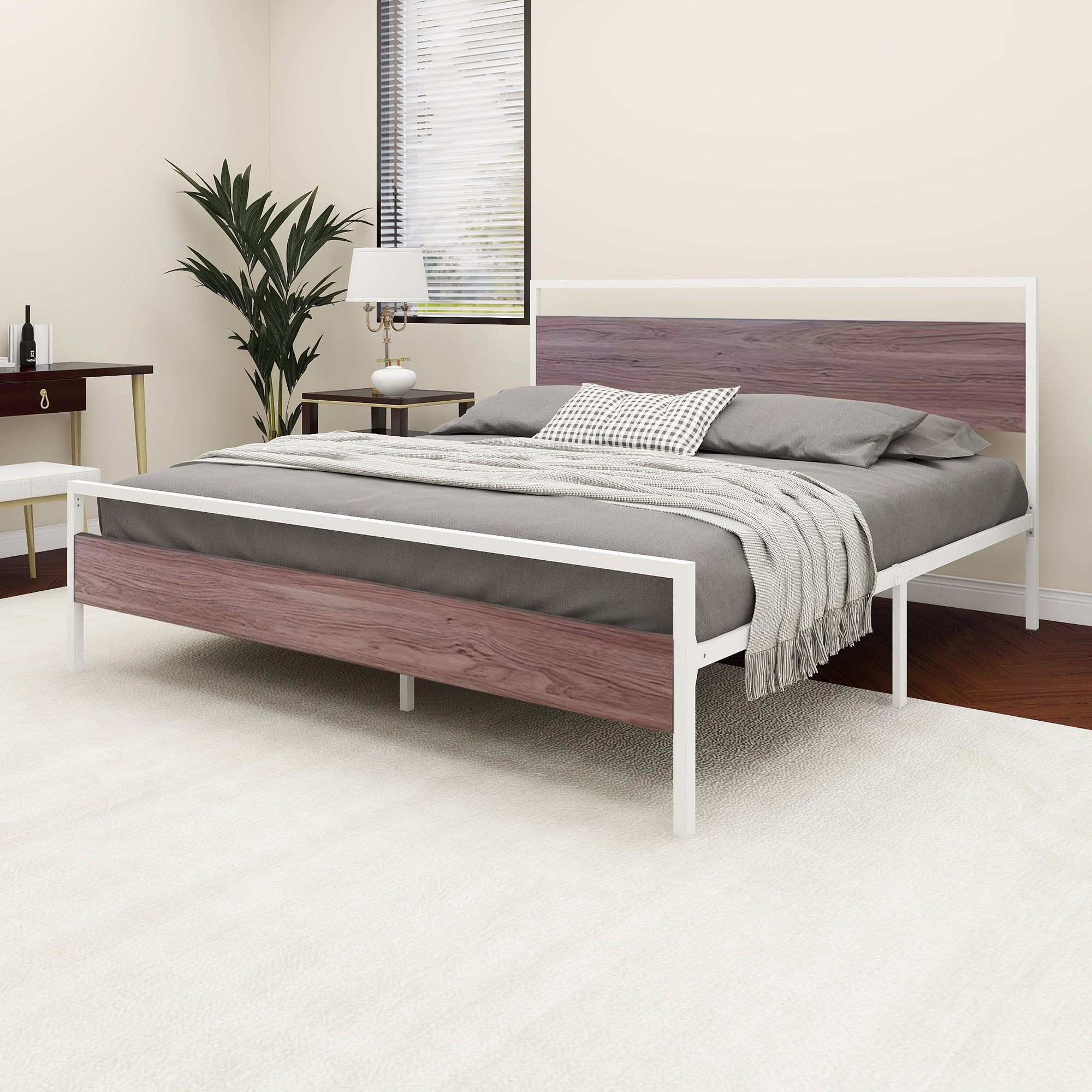 RYR Queen Metal Platform Bed Frame with Wood Headboard and Footboard