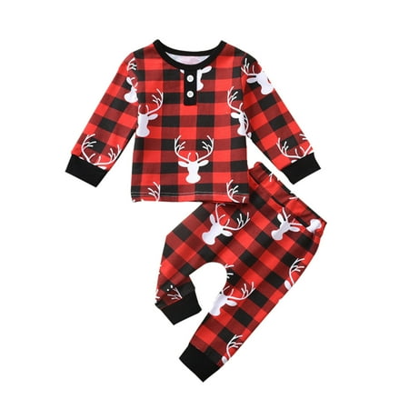 

BSDHBS Boys Outfits Toddler Kids Boys Outfit Christmas Plaid Deer Prints Long Sleeves Top Plaid Pants 2pcs Set Outfits