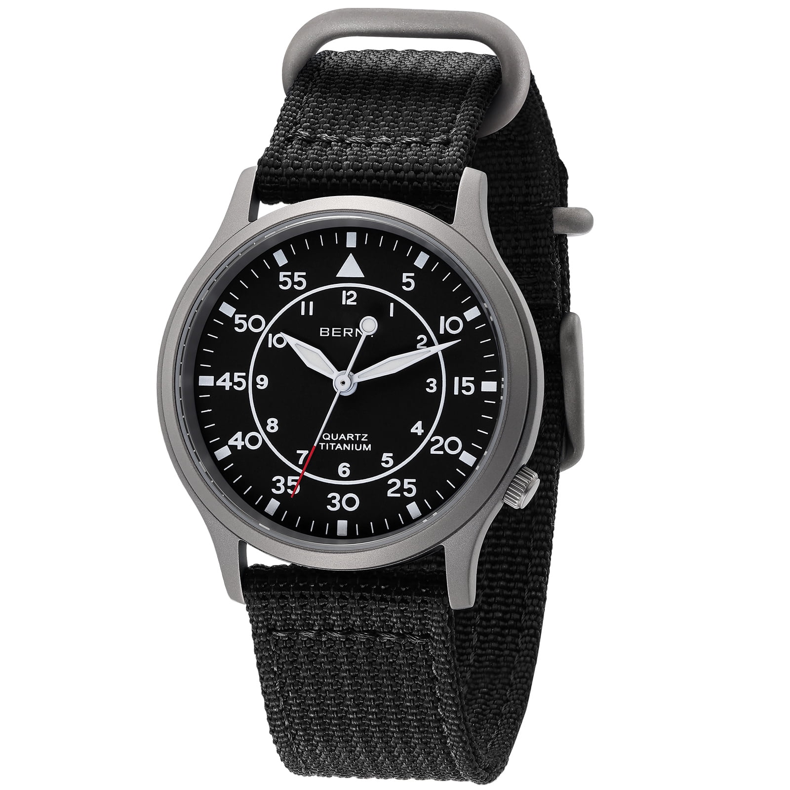 BERNY Titanium Watches for Men, Sport Military Men Watch with Canvas Strap, Japanese Quartz Movement, Super Luminous, Fashion Men's Field Watch, Casual 5ATM Waterproof Army Wristwatch, Black